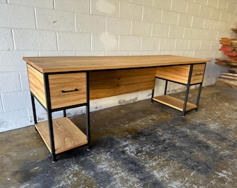 Rustic Desk Industrial with Drawers & Shelves for printer, Custom L Desk