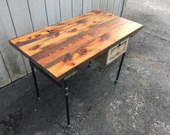 Reclaimed Wood Desk: Industrial Pipe & Steel Hairpin Legs