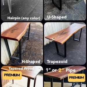 May include: Five different leg options for a wooden table. The options include hairpin legs, U-shaped legs, H-shaped legs, trapezoid legs, and 1" or 2" pipe legs. The tabletops are made of wood and have a natural finish.