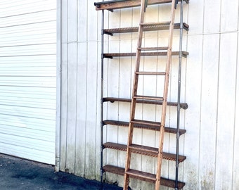 Reclaimed Wood Bookshelf with Ladder – Library Shelf