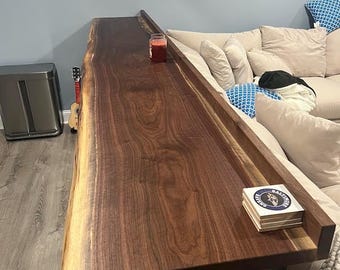 Walnut Counter Table, Drink Rail, Live Edge Bar Table with Metal Legs