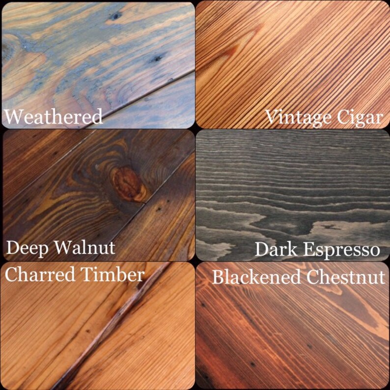 May include: A collage of wood samples showcasing various finishes. The samples include "Weathered," "Vintage Cigar," "Deep Walnut," "Dark Espresso," "Charred Timber," and "Blackened Chestnut." Each sample highlights the wood grain and color variations.