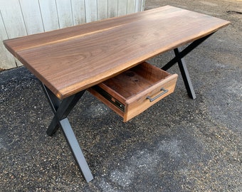Office Desk - Walnut Desk Desk With Steel X Base - L Shaped