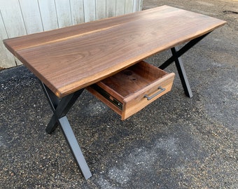 Office Desk - Walnut Desk Desk with Steel X Base - L shaped Live Edge Slab Walnut Wood