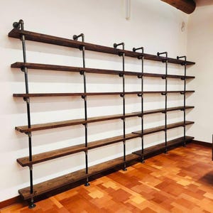 Library Wall Wood Pipe Bookcase, Industrial Room Size Bookshelf