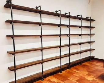 Library Wall Wood Pipe Bookcase, Industrial Room Size Bookshelf