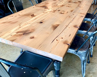 Solid Wood Dining Table, Rustic Wood Farmhouse Table Reclaimed Wood Table with Steel Base