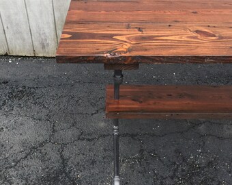 Reclaimed Wood Dining Table – Industrial Pipe Footrest, Rustic Tortured Wood
