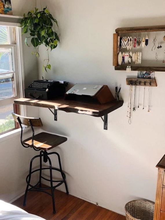 Wall Mounted Table Desk Floating Walnut Shelf reclaimed Wood