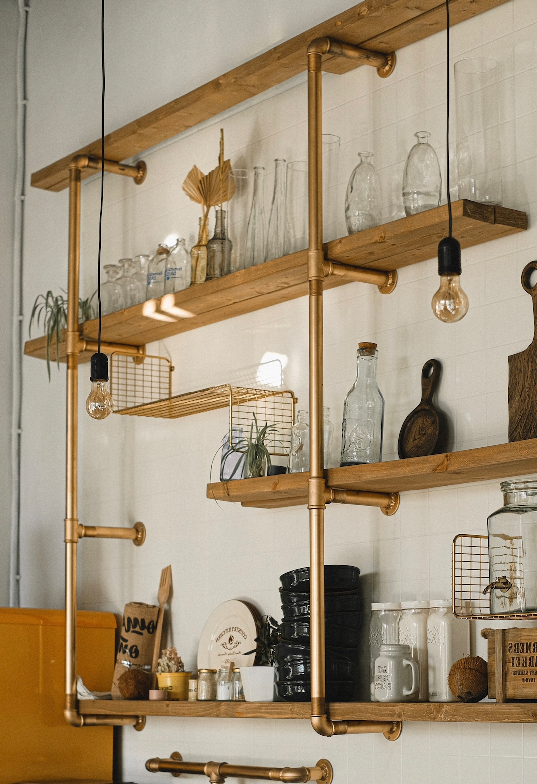 Copper Pipe Bookshelf Gold Metal Bar Shelf Wood Wall Mount Brass Bookshelf Wall Ceiling Bar