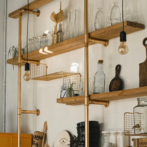 Copper Pipe Bookshelf Gold Metal Bar Shelf Wood Wall Mount Brass Bookshelf Wall Ceiling Bar Floating Shelf