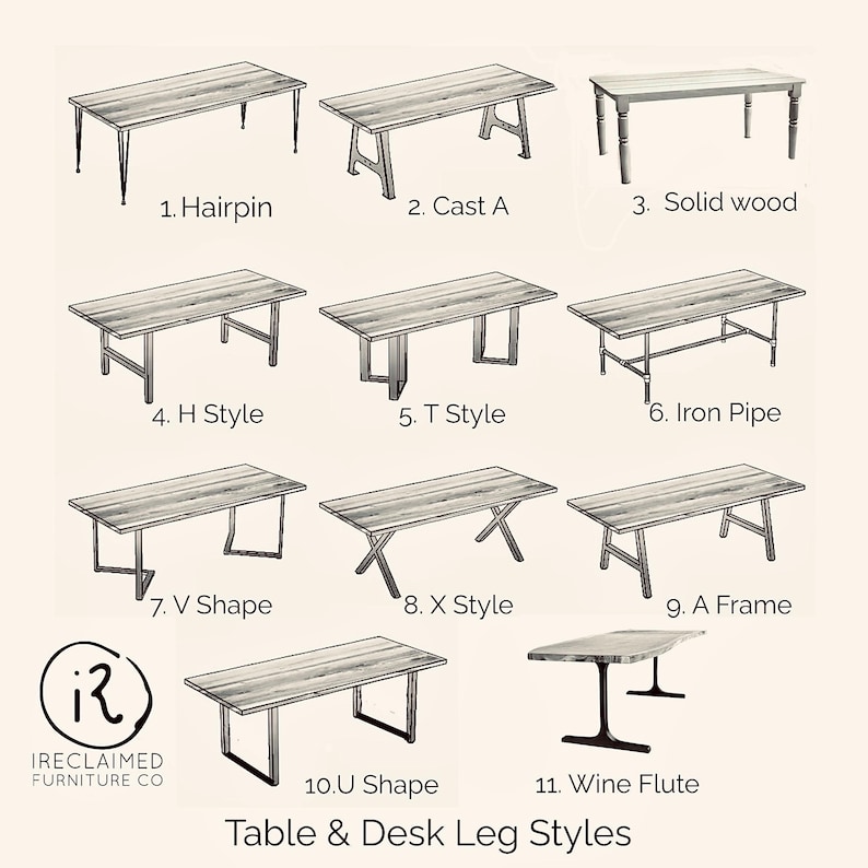 May include: An illustrated guide to eleven table and desk leg designs. Styles include Hairpin, Cast A, Solid Wood, H Style, T Style, Iron Pipe, V Shape, X Style, A Frame, U Shape, and Wine Flute. The text "Table & Desk Leg Styles" is displayed below the illustrations.