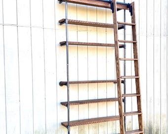 Industrial Reclaimed Wood Shelving Unit, Home Library Rustic Book Shelf with Ladder, Custom Home Office