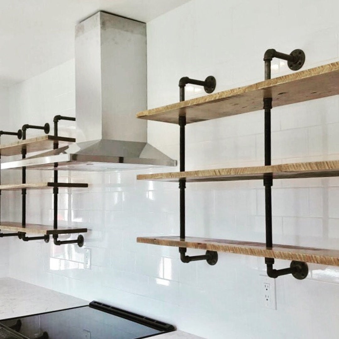Reclaimed Wood Floating Bar Shelf, Black Iron Pipe Bookshelf - Etsy