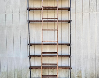 Shelf Unit with Ladder, Home Library With Ladder Bookshelf, Custom Tall Bookcase with Ladder