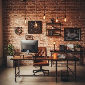 May include: A home office setup featuring a large L-shaped wooden desk with black metal pipe legs, a tufted brown leather office chair, a computer monitor, and a black wire trash bin, all positioned against a rustic exposed red brick wall.