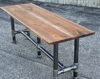 Wide Walnut Dining Table - Industrial Bar Table - Walnut Live Edge Slab Bar Table