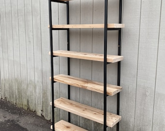 Reclaimed Wood Bookshelf, Urban Office Storage, Metal Ladder Support