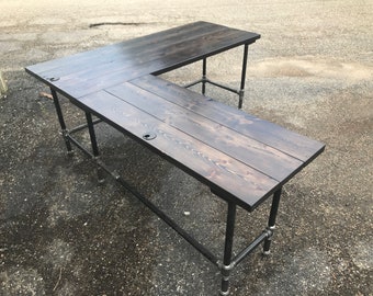 Handmade Reclaimed Wood L-Shaped Desk | Industrial Pipe Legs