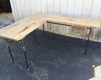 Reclaimed Wood L Shaped Desk, Wood Office Desk with Optional Drawer L-Desk