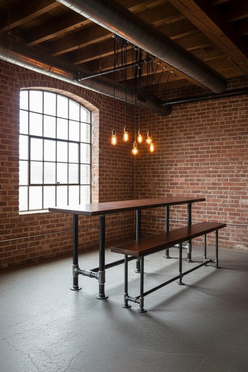 May include: A dark wood dining table and bench set with black pipe legs. The table is 183 cm long and the bench is 152 cm long. The set is in a room with a brick wall and a large window.