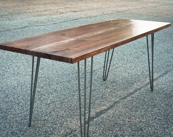 Walnut Dining Table, Modern Table with Hairpin Legs, Walnut Live Edge Slab Table