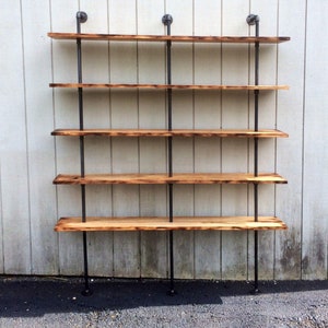 Wall Bookshelf, Built In Bookcase with Desk, Industrial Shelf with Reclaimed Wood Shelves, Steel Shelf Supports image 3