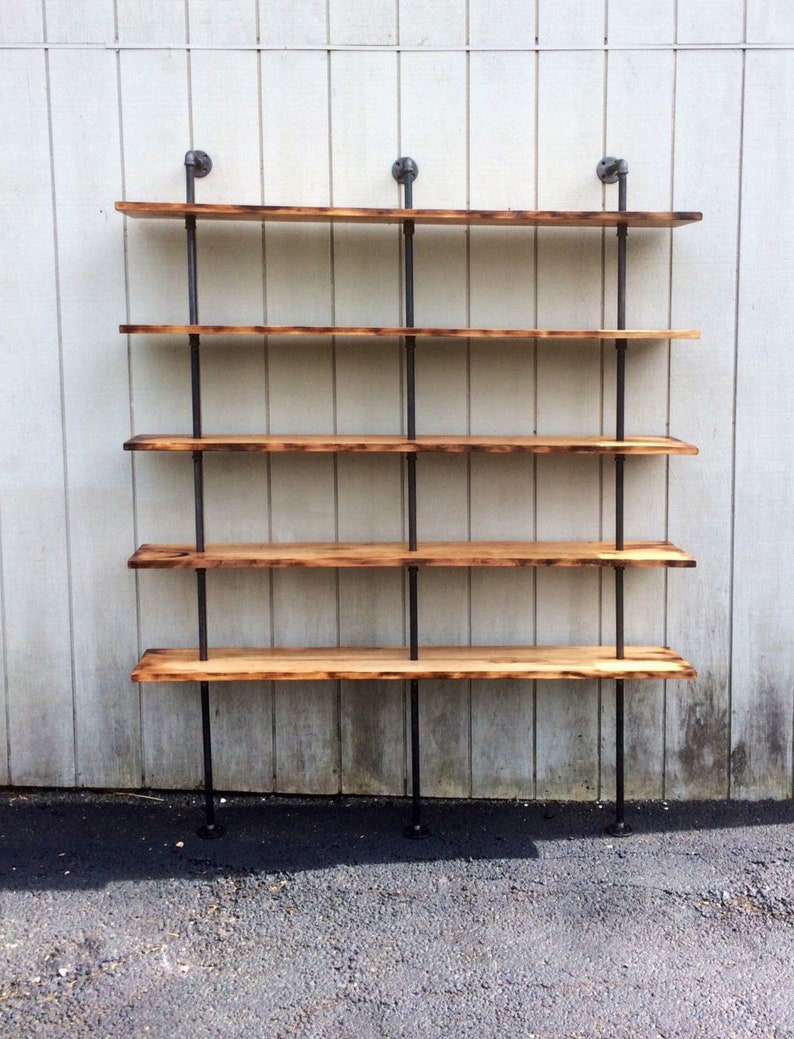 Wall Bookshelf, Built In Bookcase with Desk, Industrial Shelf with Reclaimed Wood Shelves, Steel Shelf Supports Bild 3