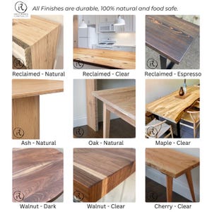 May include: A collage of nine wood samples showing different wood types and finishes. The wood types include reclaimed, ash, oak, walnut, maple, and cherry. The finishes include natural, clear, dark, and espresso.