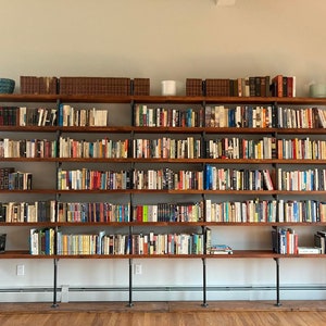 Wall Bookshelf, Built In Bookcase with Desk, Industrial Shelf with Reclaimed Wood Shelves, Steel Shelf Supports