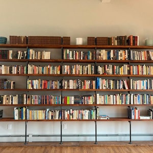 Wall Bookshelf, Built In Bookcase with Desk, Industrial Shelf with Reclaimed Wood Shelves, Steel Shelf Supports image 1