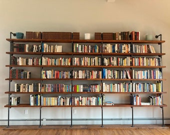 Wall Bookshelf, Built In Bookcase with Desk, Industrial Shelf with Reclaimed Wood Shelves, Steel Shelf Supports