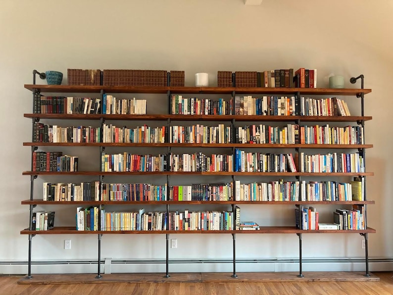 Wall Bookshelf, Built In Bookcase with Desk, Industrial Shelf with Reclaimed Wood Shelves, Steel Shelf Supports image 1