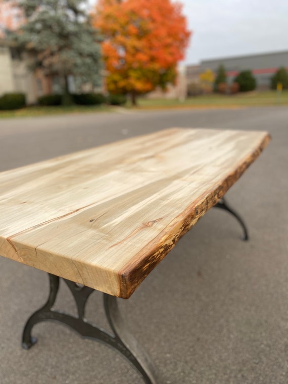Natural Tapered Live Edge Top With Iron Base Dining Table Natural Tapered Live Edge Top With Iron Base Dining Table