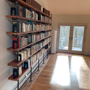 Wall Bookshelf, Built In Bookcase with Desk, Industrial Shelf with Reclaimed Wood Shelves, Steel Shelf Supports Bild 2