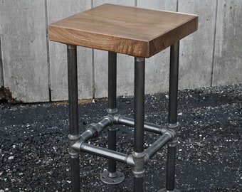 Walnut Bar Stool - Reclaimed Wood BarStool - Stool with steel base