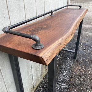 Narrow Walnut Table, Sofa Table, Bar Table, Behind Couch Table, Trapezoid Legs, Reclaimed Wood Living Edge Sofa Table