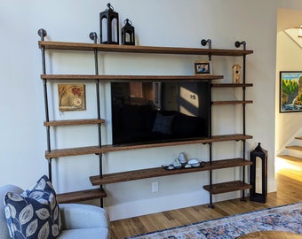 Authentic Reclaimed Wood & Pipe Wall Shelf | Industrial Bookcase, Custom Size Bookshelf