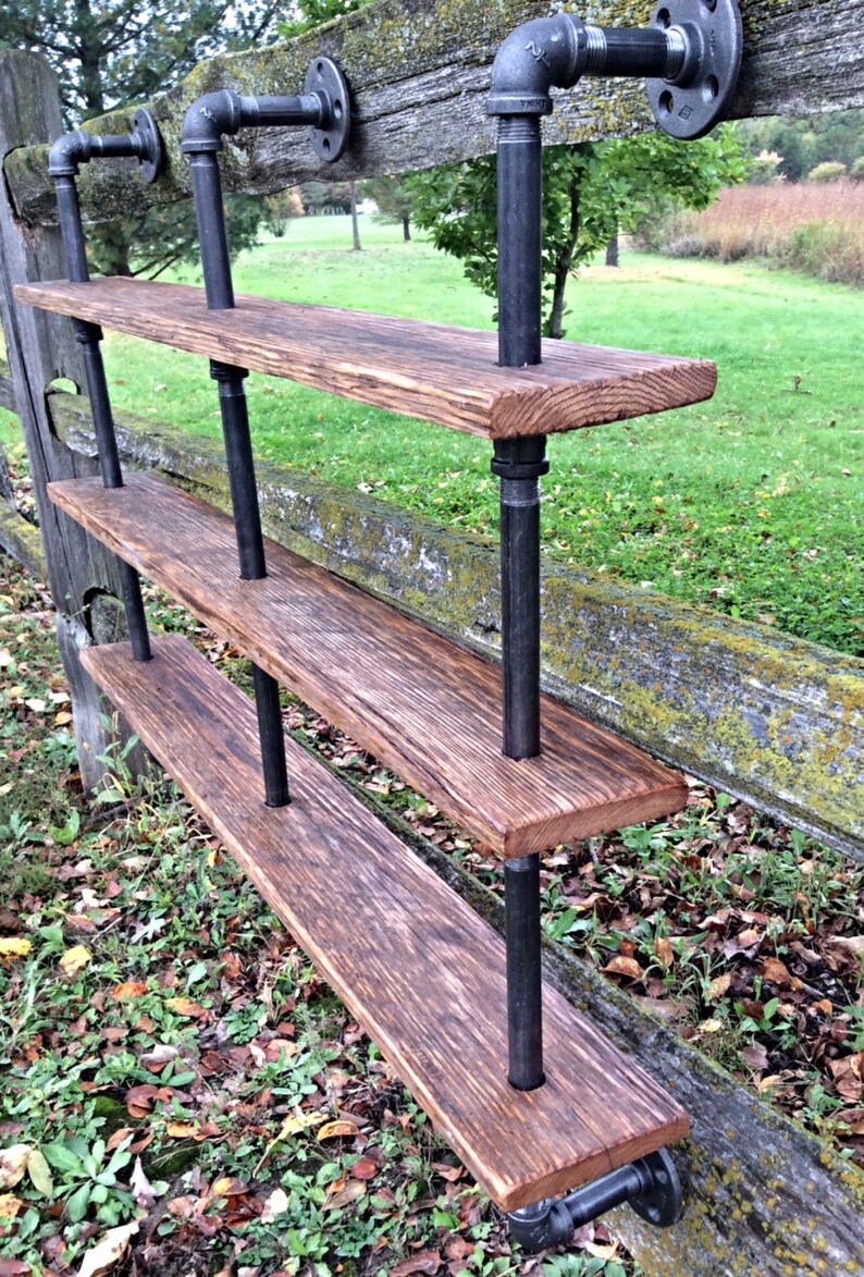 Iron Pipe Bookshelf Industrial Shelf With Reclaimed Wood Wall Etsy Canada