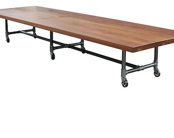 Long Conference Table - Massive Walnut Slab Boardroom Table - Long Conference Table with Industrial Base