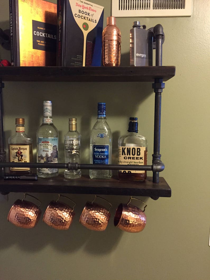 Reclaimed Wood and Pipe Bar Shelf with Wine Glass Rack and Etsy