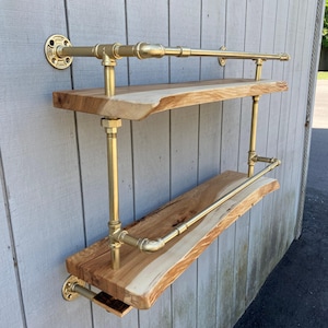 Copper Bar Shelf - Wine Glass Rack - Bottle Bar Shelf Bookshelf - Bourbon Shelf with Copper Pipe - Brass Gold Bar Shelf