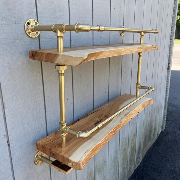 Reclaimed Wood Bar Shelf with Gold Pipe: Wine Rack or Cup Hooks