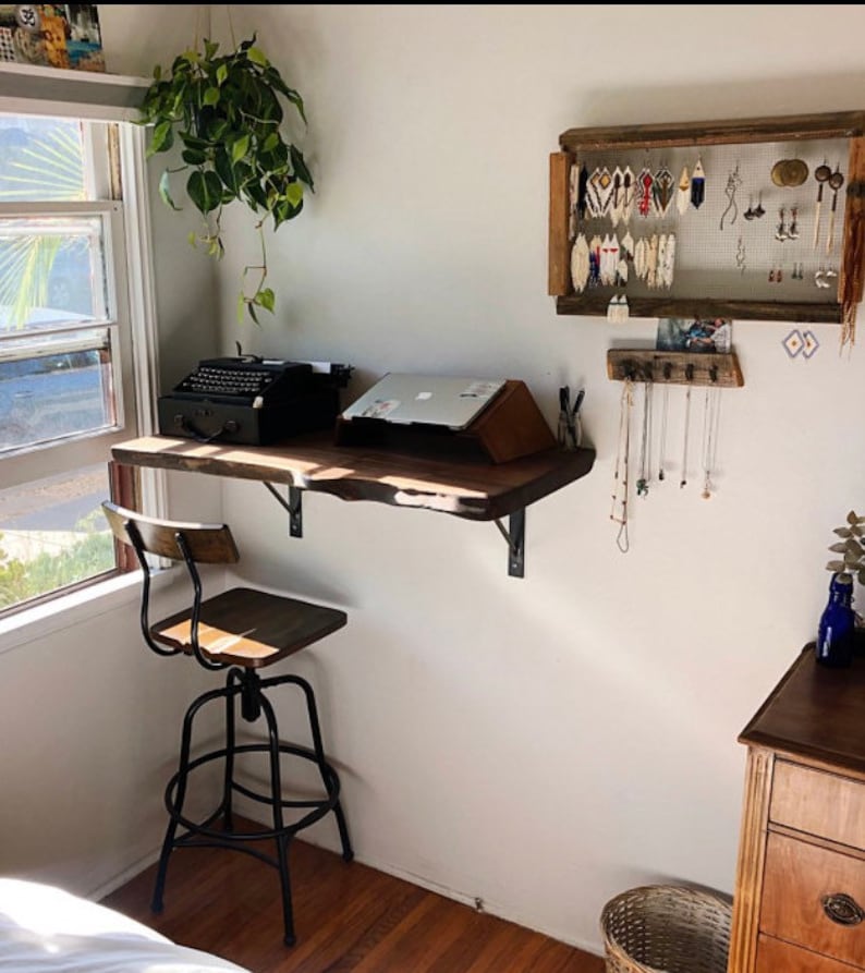 Live Edge Wall Mounted Desk Walnut Table Reclaimed Wood Etsy
