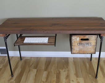 Whimsical Reclaimed Wood Desk Office Desk shown with Wood Crate Drawer and Keyboard Tray Wood Desk