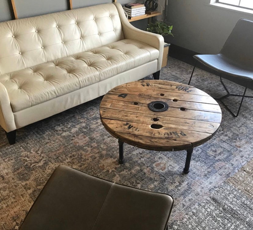 Reclaimed Wood Spool Coffee Table Industrial Reclaimed Wood Spool Coffee Table, Wooden Wire Spool Coffee Table