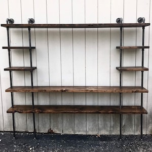 Wall Bookshelf, Built In Bookcase with Desk, Industrial Shelf with Reclaimed Wood Shelves, Steel Shelf Supports image 8