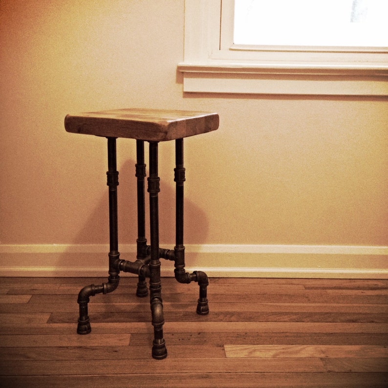 Rustic Reclaimed Wood Bar Stool, Industrial Pipe Design image 2