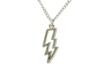 Vintage Lightning Bolt Pendant Necklace: Silver Tone NOS Weather Storm Charm Outline
