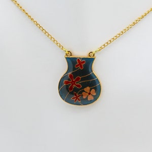 Vintage Enameled Metal Flower Vase Pendant Necklace Gold Plated Chain Medium Blue